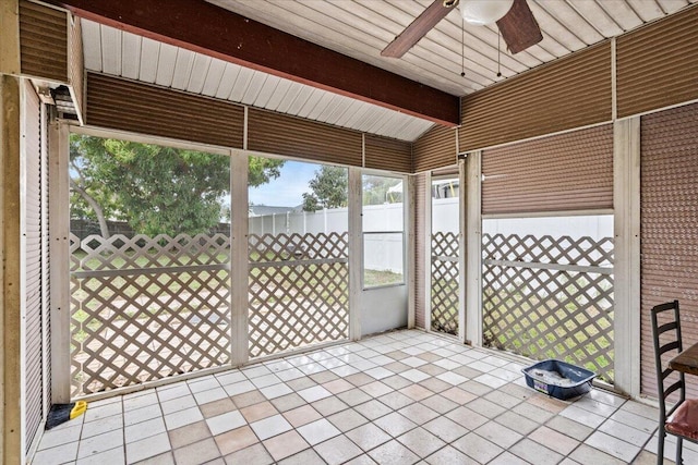 314 SW Cherry Hill Rd, Port Saint Lucie, FL 34953 - unfurnished sunroom featuring vaulted ceiling with beams and a ceiling fan
