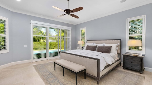 bedroom with light tile patterned floors, a ceiling fan, baseboards, access to outside, and ornamental molding