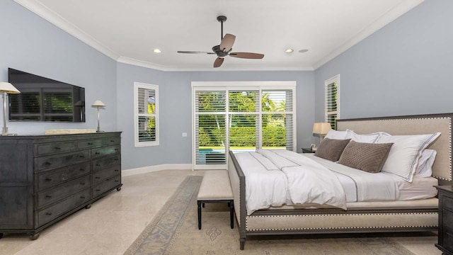 bedroom with ornamental molding, access to outside, baseboards, and recessed lighting