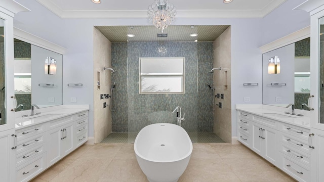 full bathroom featuring ornamental molding, a walk in shower, and a sink