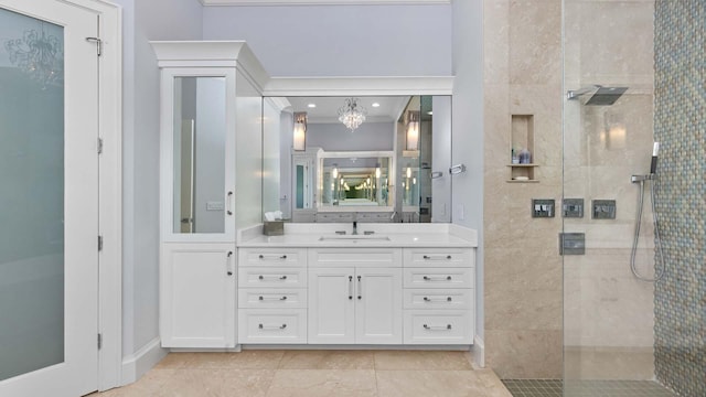 full bath featuring tile patterned floors, recessed lighting, walk in shower, and vanity