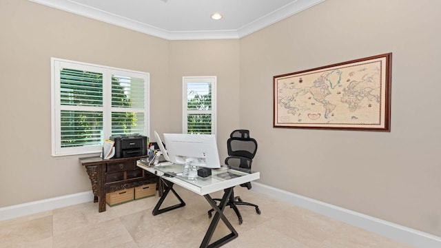 office space with ornamental molding, recessed lighting, and baseboards