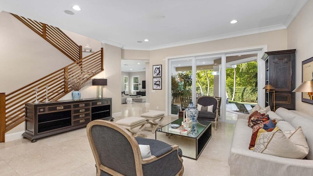 living room with stairway, ornamental molding, and recessed lighting