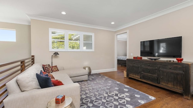 living area with ornamental molding, wood finished floors, and a healthy amount of sunlight