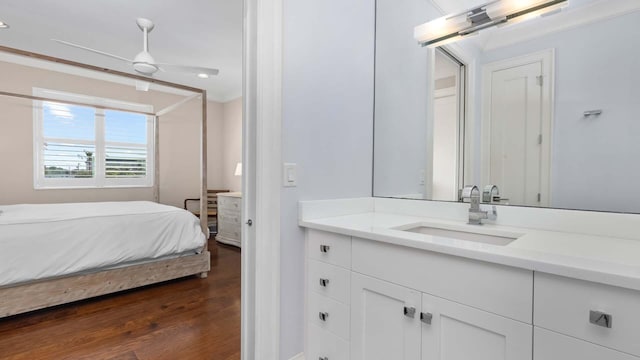 ensuite bathroom featuring a ceiling fan, wood finished floors, vanity, and connected bathroom