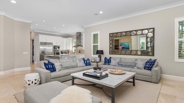 living area featuring light tile patterned floors, baseboards, and recessed lighting