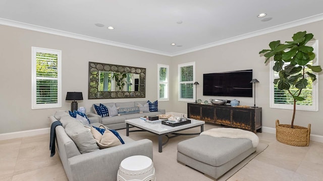 living room with light tile patterned floors, baseboards, ornamental molding, and recessed lighting