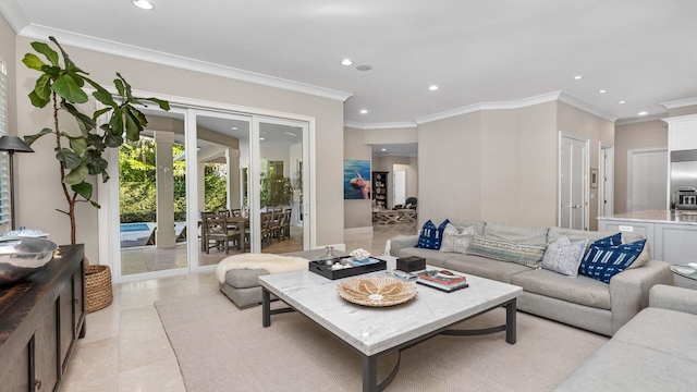 living room featuring ornamental molding, french doors, light tile patterned floors, and recessed lighting