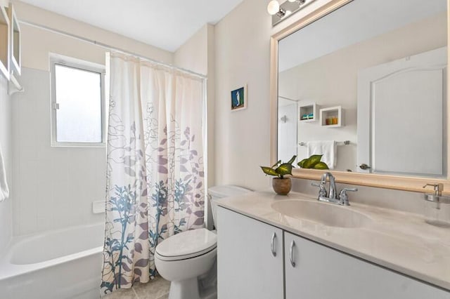 full bathroom with tile patterned flooring, vanity, toilet, and shower / tub combo with curtain