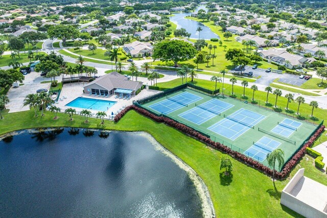 aerial view featuring a water view and a residential view