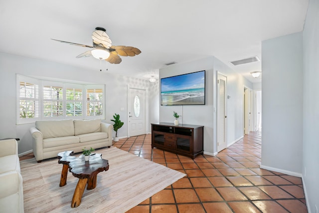 living room with baseboards, tile patterned flooring, visible vents, and a ceiling fan