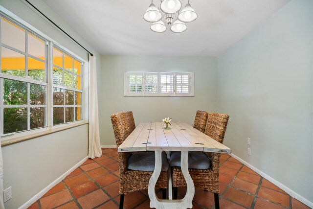 dining area featuring an inviting chandelier, tile patterned flooring, visible vents, and baseboards