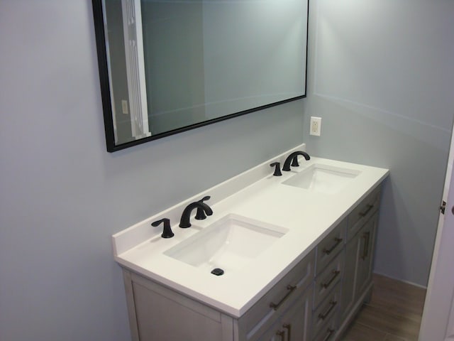 bathroom with double vanity, wood finished floors, and a sink