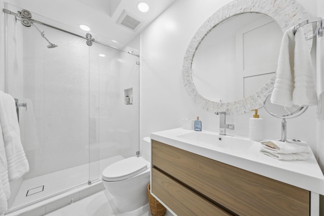 full bath featuring visible vents, toilet, a stall shower, and vanity