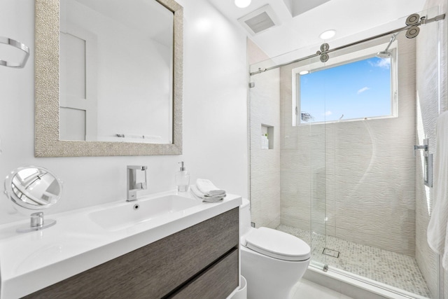 full bathroom with visible vents, vanity, toilet, and a shower stall