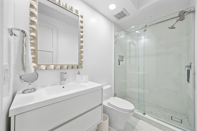 full bath with visible vents, vanity, toilet, and a shower stall