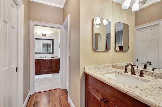 bathroom featuring crown molding, two vanities, a sink, and wood finished floors