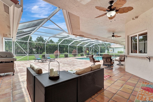 view of patio with glass enclosure, a grill, a ceiling fan, an outdoor living space, and an outdoor pool