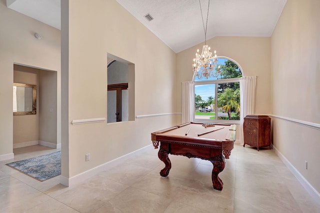 game room with a chandelier, visible vents, ornamental molding, and baseboards