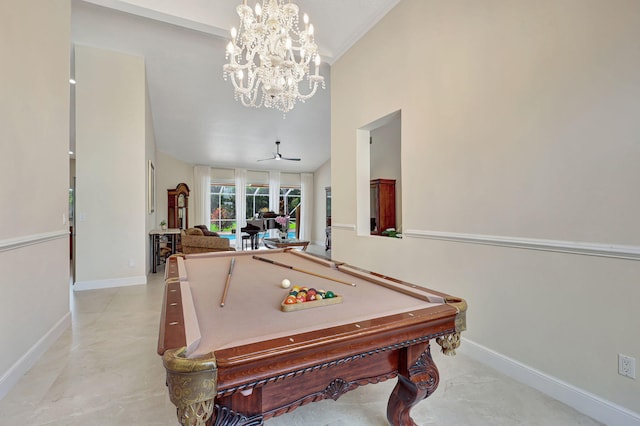 playroom with a ceiling fan, pool table, vaulted ceiling, and baseboards