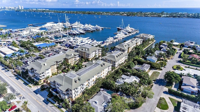 drone / aerial view with a water view