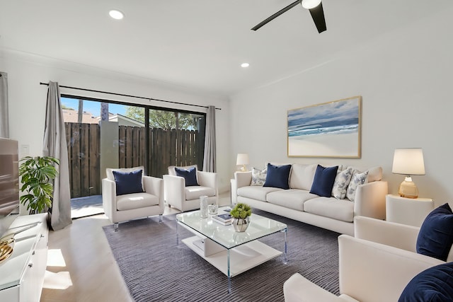 living area with wood finished floors, recessed lighting, and ceiling fan