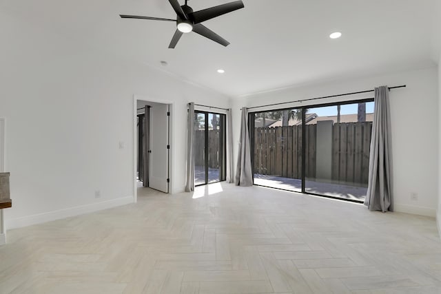 spare room with recessed lighting, baseboards, and a ceiling fan