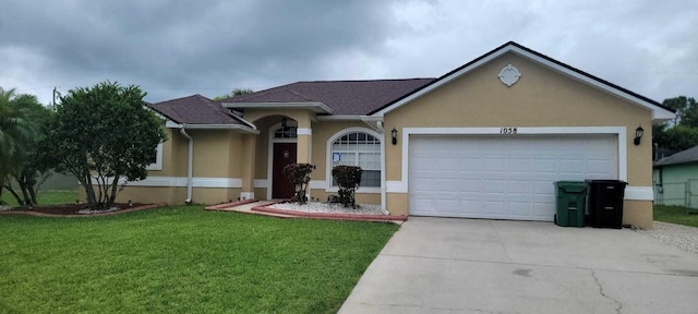 ranch-style house featuring a front lawn, concrete driveway, an attached garage, and stucco siding