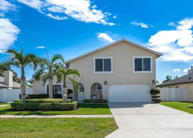 view of front of house with driveway, a front yard, fence, and stucco siding