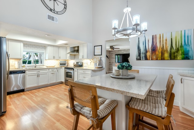 kitchen with visible vents, appliances with stainless steel finishes, light wood-type flooring, decorative backsplash, and wall chimney exhaust hood