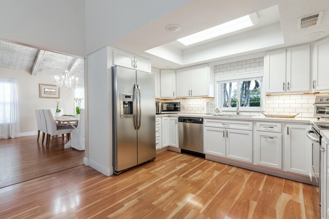 kitchen with a sink, visible vents, appliances with stainless steel finishes, decorative backsplash, and a tray ceiling