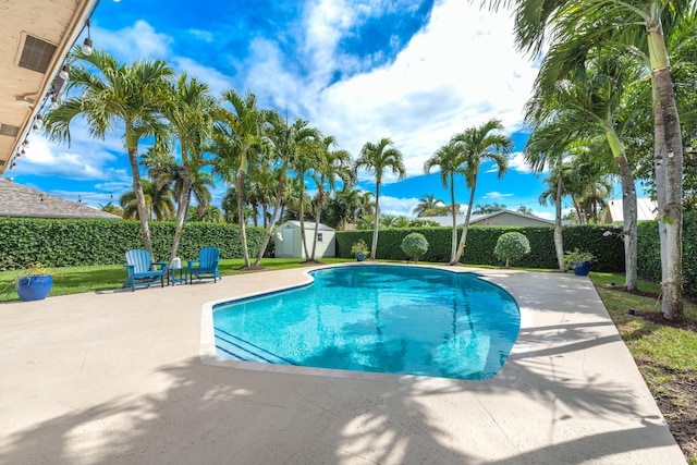 view of swimming pool with an outbuilding, a patio, a fenced backyard, a fenced in pool, and a storage unit