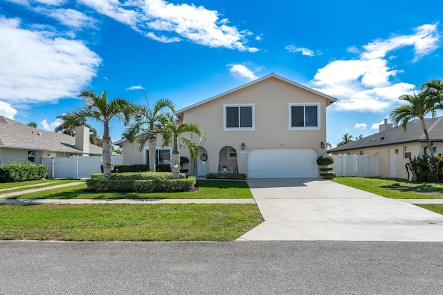 view of front of property with a front yard, concrete driveway, fence, and stucco siding