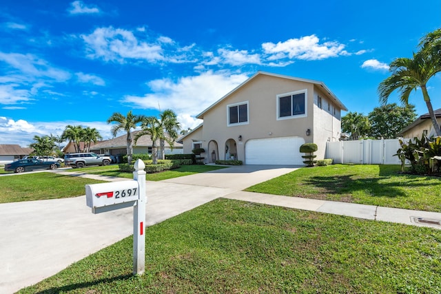 view of front of property with stucco siding, a front yard, fence, a garage, and driveway