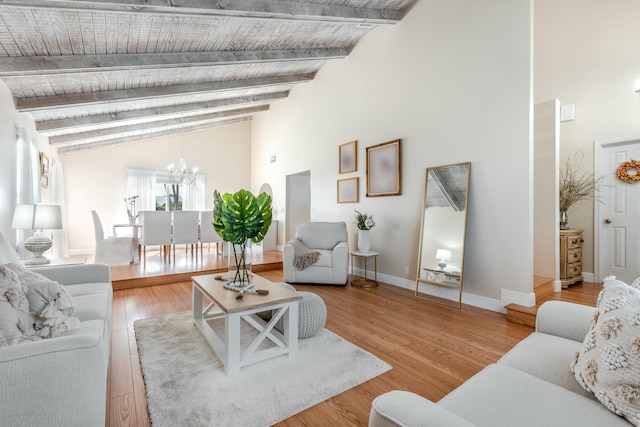 living room with an inviting chandelier, beam ceiling, baseboards, and wood finished floors