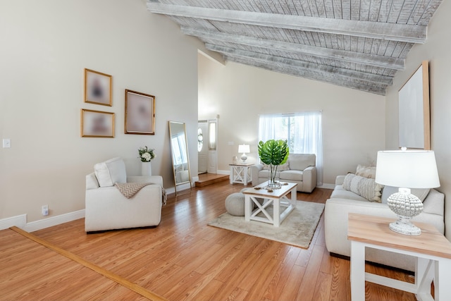 living area with baseboards, wood ceiling, wood finished floors, high vaulted ceiling, and beam ceiling