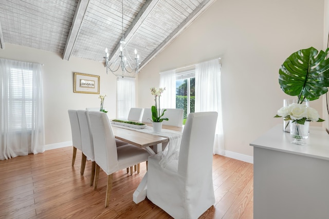 dining area with light wood-type flooring, baseboards, a chandelier, and beamed ceiling