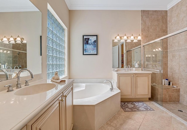 full bathroom featuring a sink, a garden tub, a shower stall, and crown molding