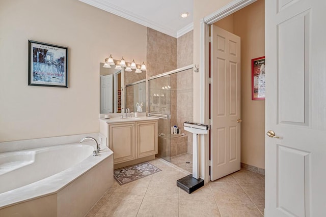 full bathroom with ornamental molding, a stall shower, a bath, and tile patterned floors