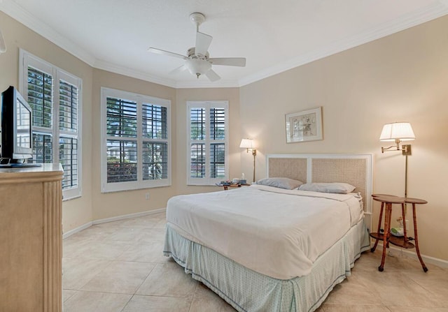 bedroom featuring light tile patterned flooring, crown molding, baseboards, and ceiling fan