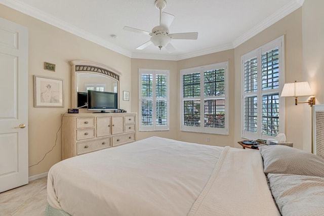 bedroom with baseboards, multiple windows, ornamental molding, and light tile patterned flooring