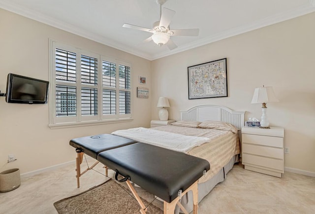 bedroom featuring ceiling fan, ornamental molding, and baseboards