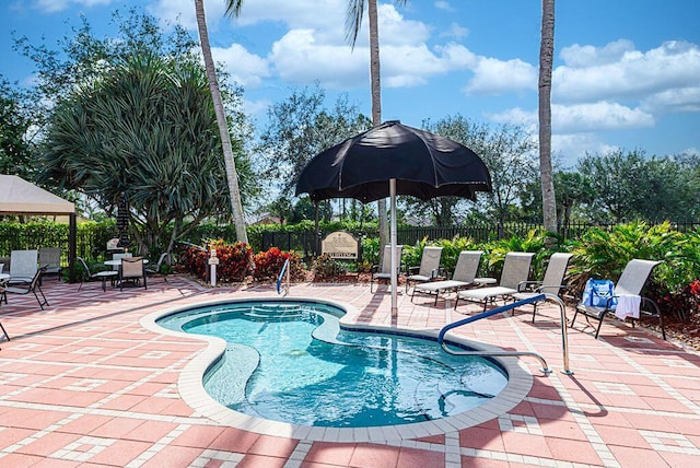 view of pool with fence, a fenced in pool, and a patio