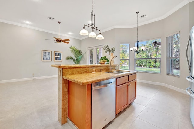 kitchen with dishwasher, baseboards, a sink, and crown molding