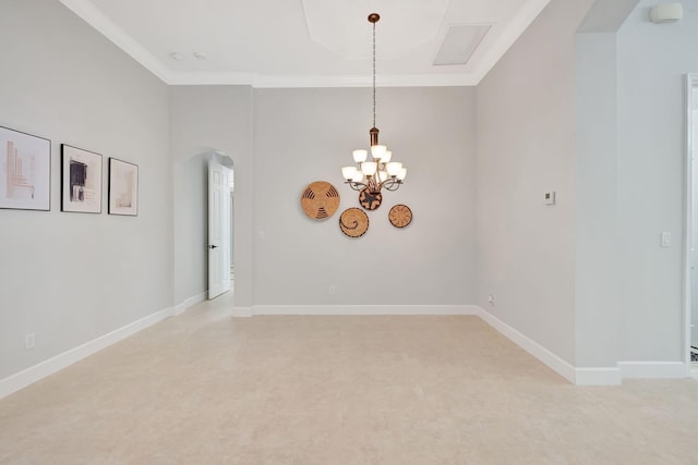 empty room featuring arched walkways, baseboards, a notable chandelier, and crown molding