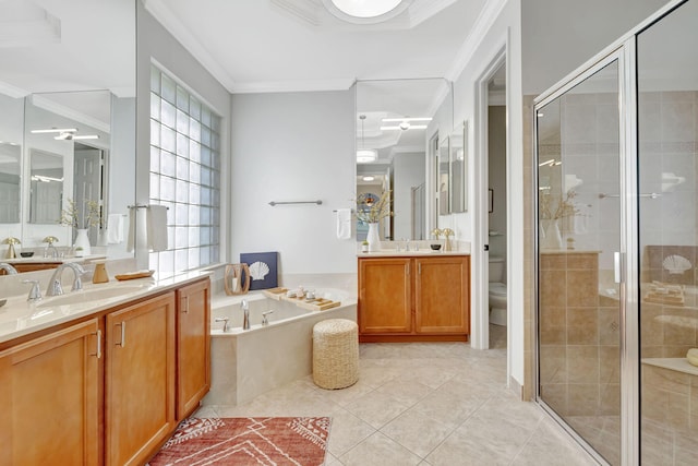 full bath with a shower stall, a sink, and crown molding