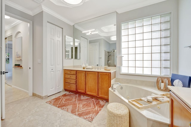 bathroom featuring ornamental molding, a stall shower, vanity, and tile patterned floors