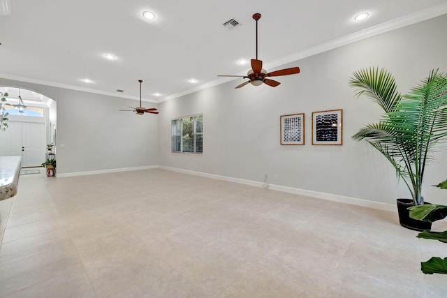 living room featuring baseboards, visible vents, arched walkways, crown molding, and recessed lighting