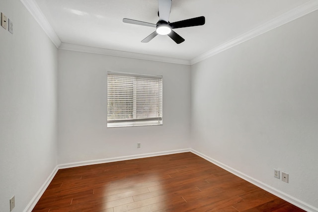 empty room featuring baseboards, crown molding, hardwood / wood-style floors, and ceiling fan