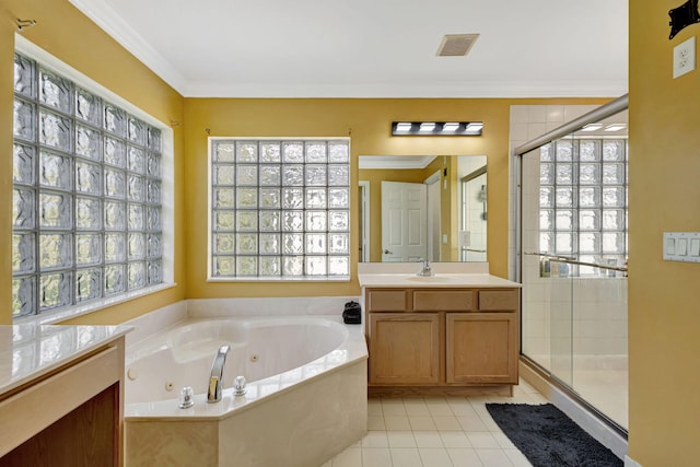 bathroom featuring a shower stall, visible vents, a wealth of natural light, and ornamental molding